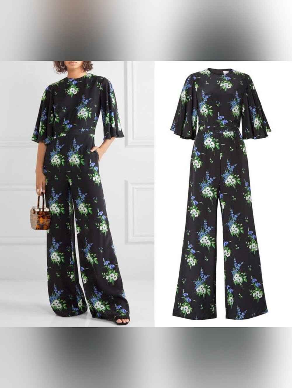 Les Rêveries Floral Print Silk Crepe De Chine Jumpsuit Black